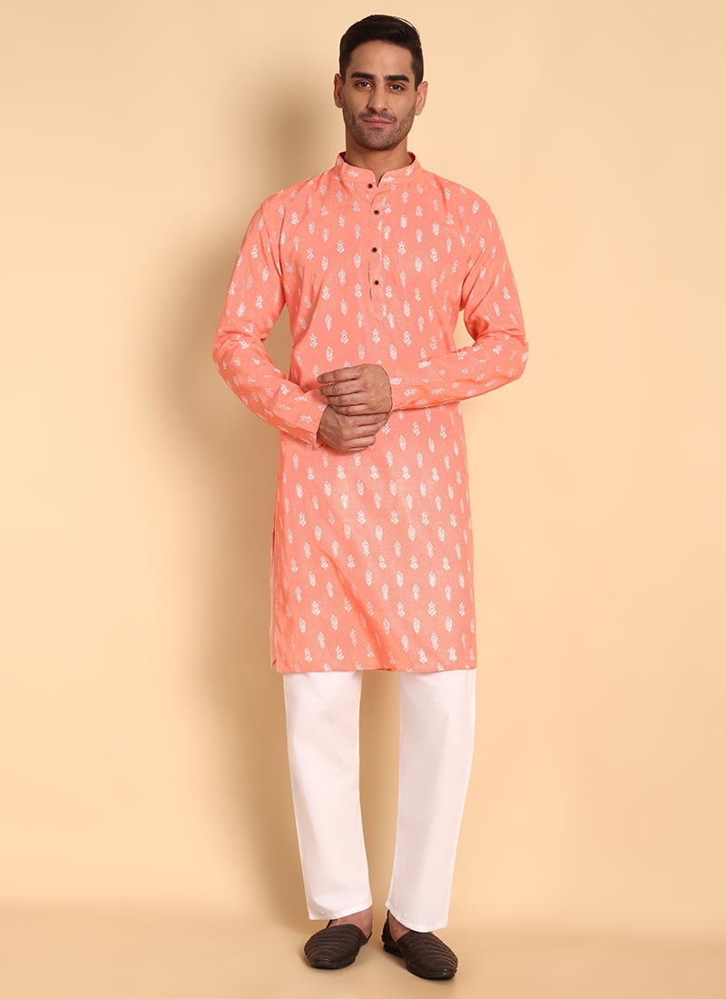 Peach Silk Cotton Printed Kurta Pyjama Festive Wear