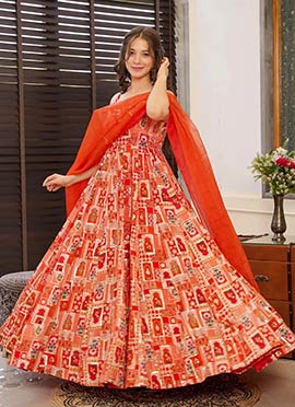 Peach Silk Digital Print Anarkali Suit