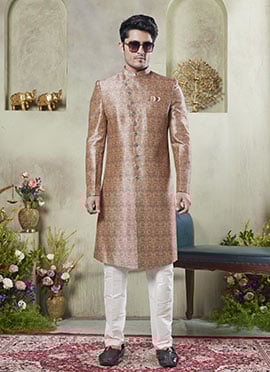 Peach Silk Digital Print Indowestern Sherwani Festive Wear