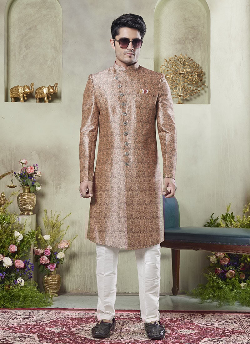 Peach Silk Digital Print Indowestern Sherwani Festive Wear