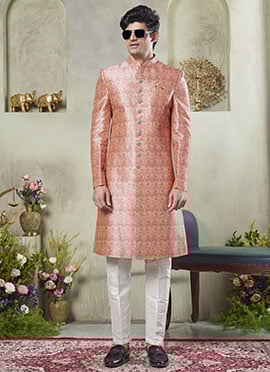 Peach Silk Digital Print Indowestern Sherwani Festive Wear