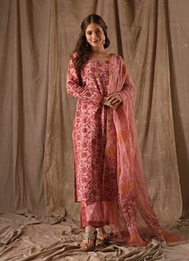 Peach Silk Digital Print Straight Pant Suit