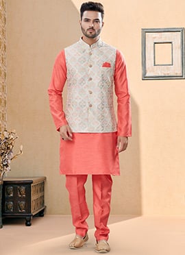 Peach Silk Dupion Jacquard Bandi Set