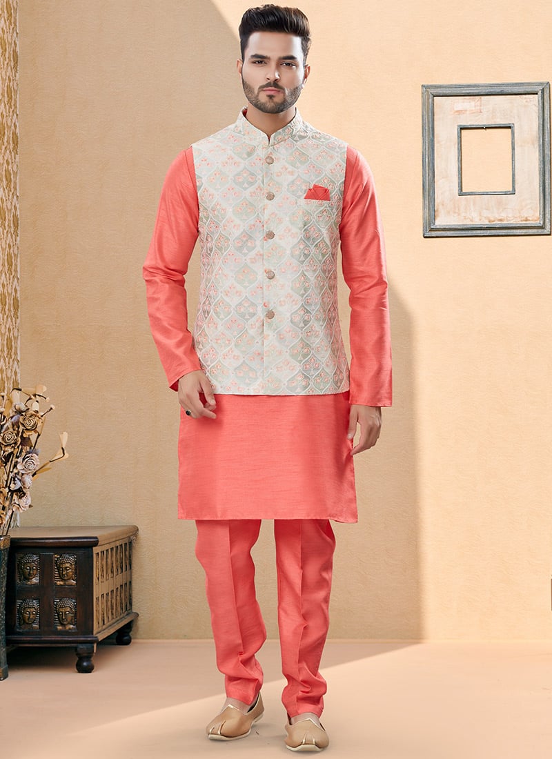 Peach Silk Dupion Jacquard Bandi Set Party Wear
