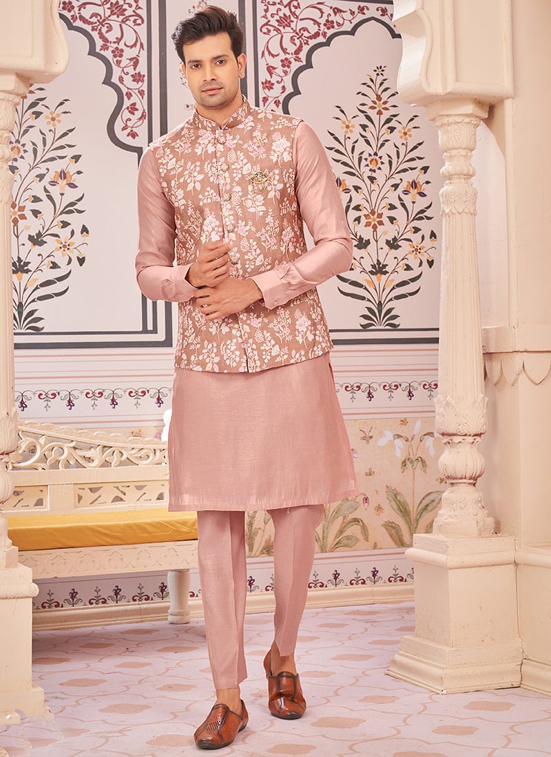 Peach Silk Embroidered Bandi Set