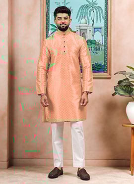 Peach Silk Embroidered Kurta Pyjama For Men