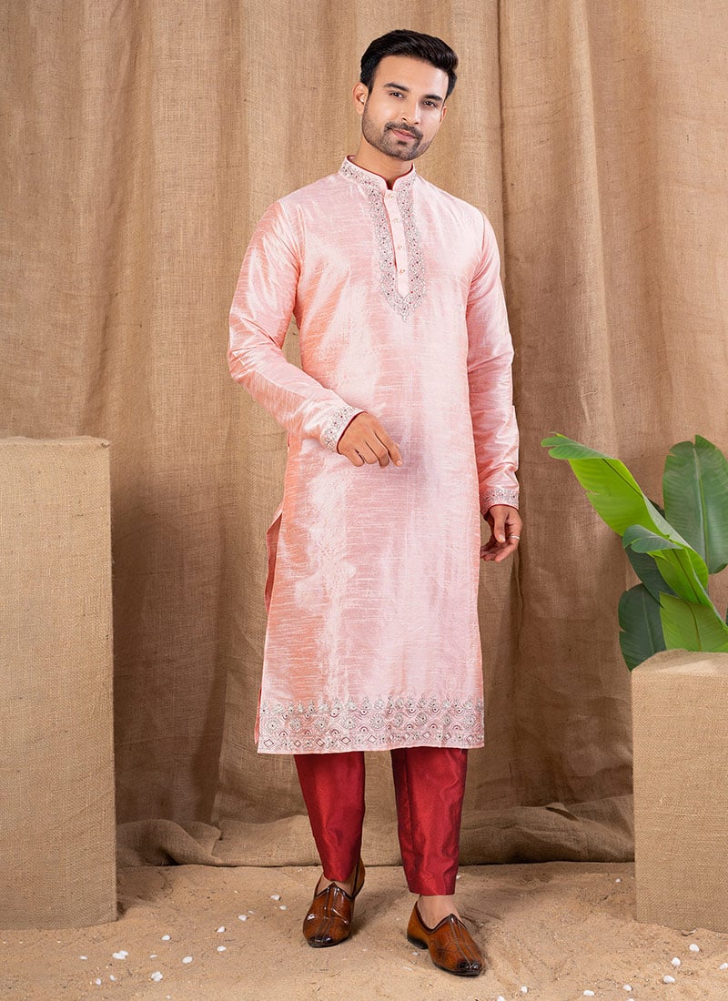 Peach Silk Embroidered Kurta Pyjama