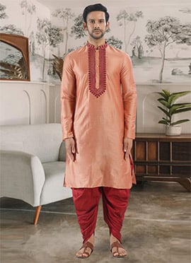 Peach Silk Embroidered Kurta With Dhoti Style Pyjama
