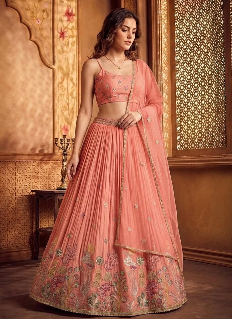 Peach Silk Embroidered Lehenga Wedding Wear