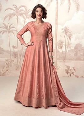 Peach Silk Embroidered Sequins A Line Anarkali Suit