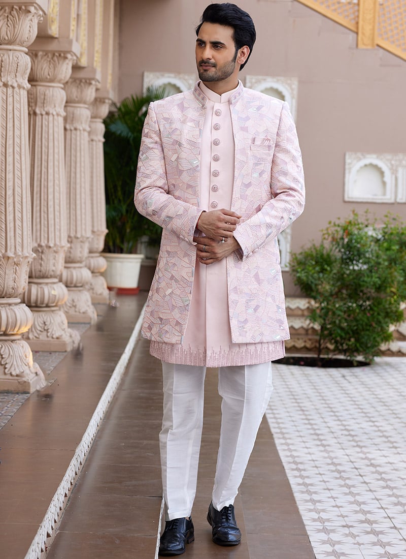 Peach Silk Embroidered Sequins Indowestern Sherwani