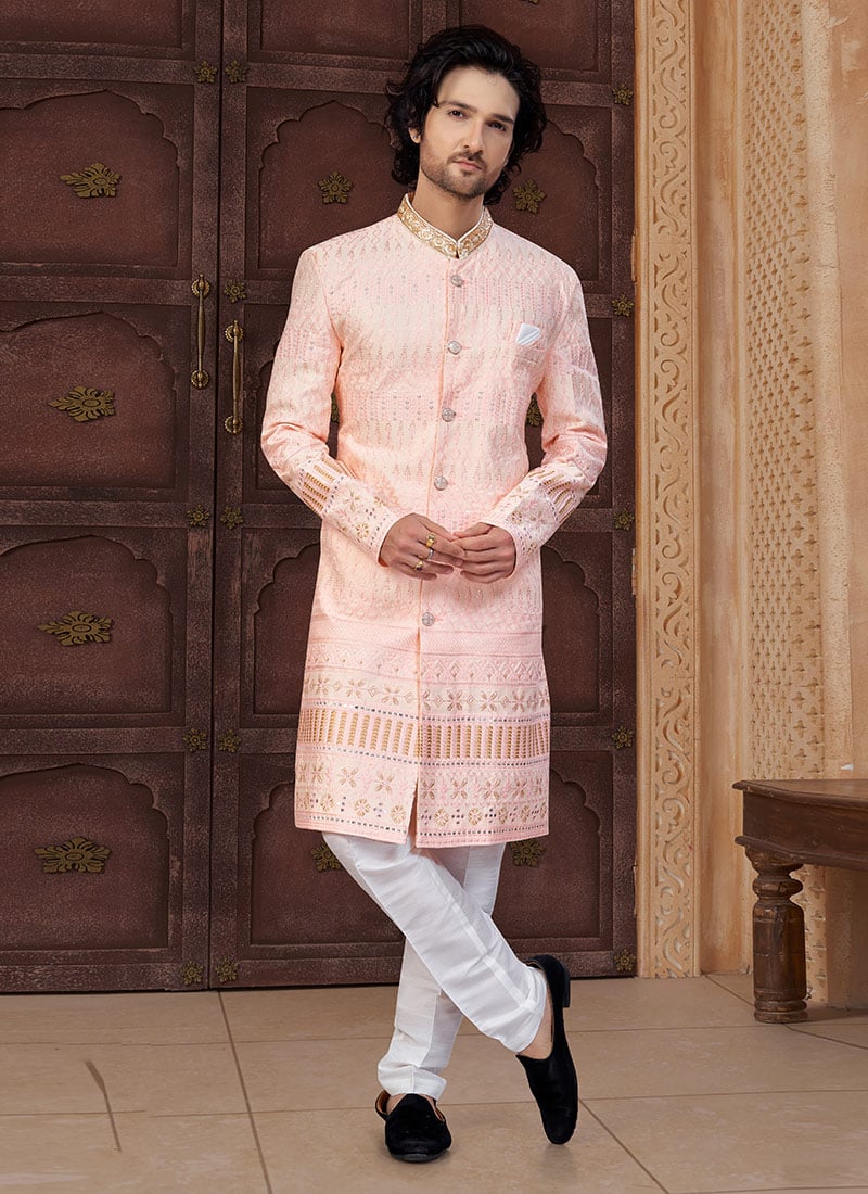 Peach Silk Embroidered Sequins Indowestern Sherwani Wedding Wear