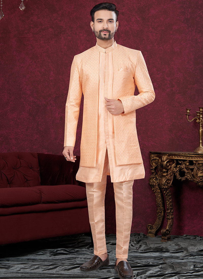 Peach Silk Embroidered Sequins Indowestern Sherwani