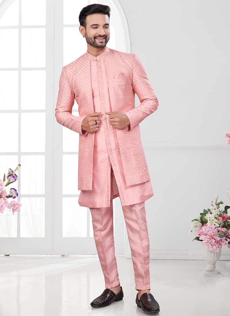 Peach Silk Embroidered Sequins Indowestern Sherwani Wedding Wear