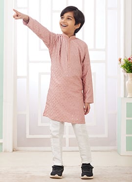 Peach Silk Embroidered Sequins Kids Boys Kurta Pyjama