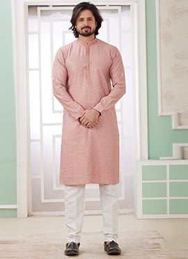 Peach Silk Embroidered Sequins Kurta Pyjama For Men