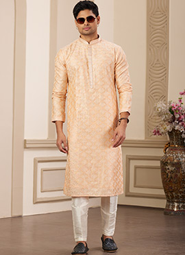 Peach Silk Embroidered Sequins Kurta Pyjama