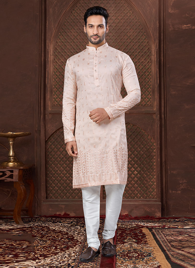 Peach Silk Embroidered Sequins Kurta Pyjama Festive Wear