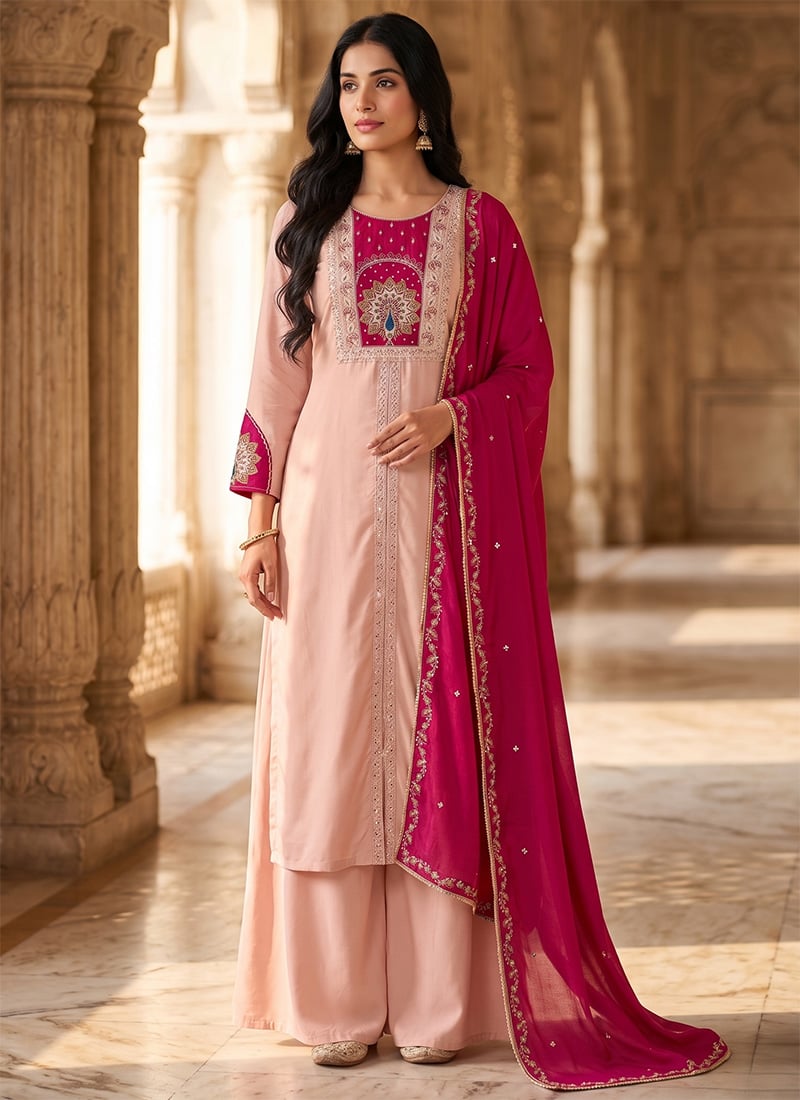Peach Silk Embroidered Sequins Palazzo Suit Festive Wear