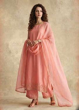 Peach Silk Embroidered Sequins Palazzo Suit