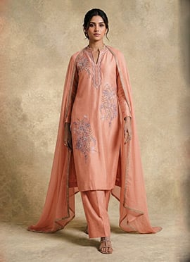Peach Silk Embroidered Sequins Palazzo Suit