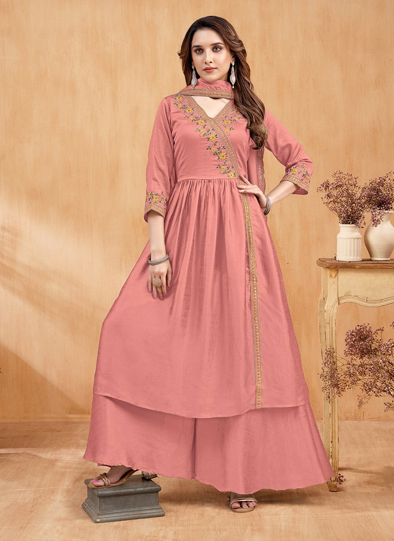 Peach Silk Embroidered Sequins Palazzo Suit After Six Wear