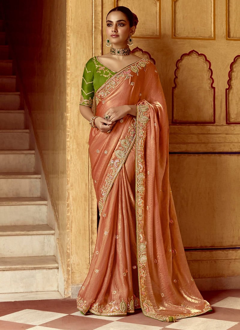Peach Silk Embroidered Sequins Stone And Beads Work Stunning Saree Wedding Wear
