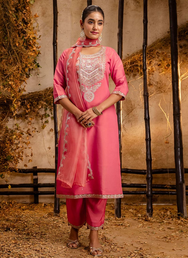 Peach Silk Embroidered Sequins Straight Pant Suit Festive Wear