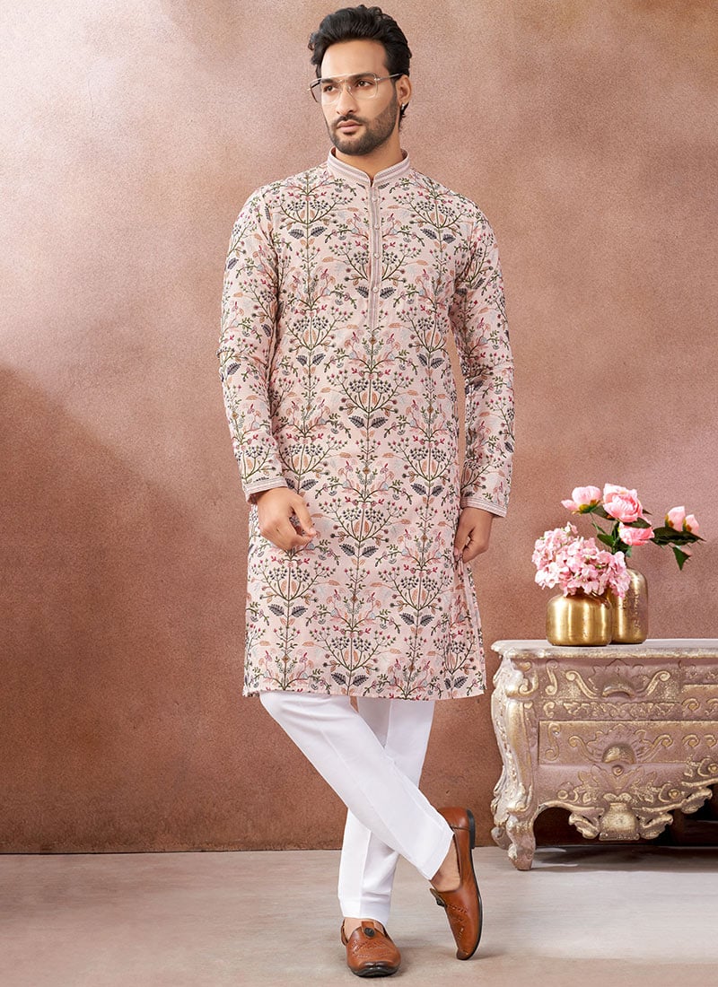 Peach Silk Embroidered Sequins Thread Kurta Pyjama Festive Wear