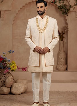 Peach Silk Embroidered Stone Work Indowestern Sherwani