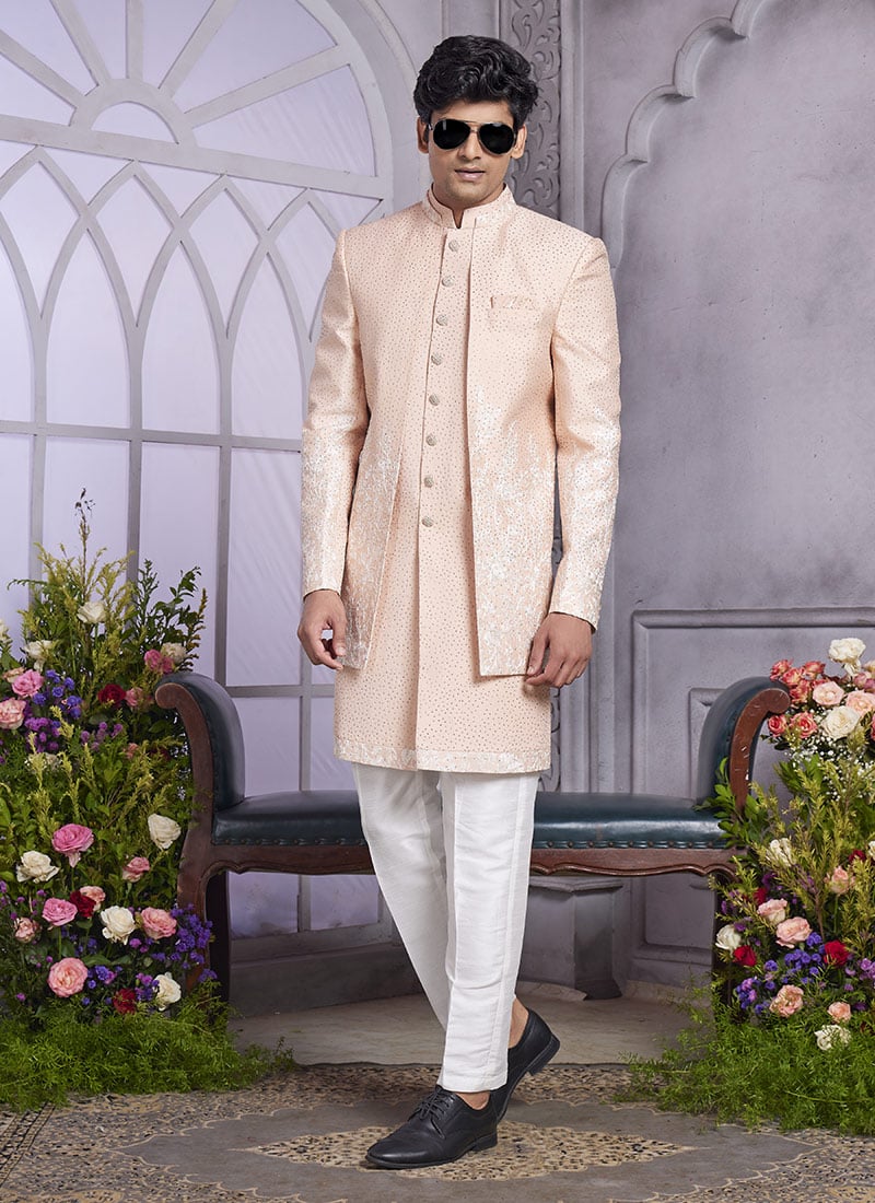 Peach Silk Embroidered Stone Work Jacket Style Indowestern Sherwani Wedding Wear