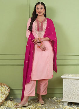 Peach Silk Embroidered Straight Pant Suit