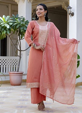 Peach Silk Embroidered Straight Pant Suit