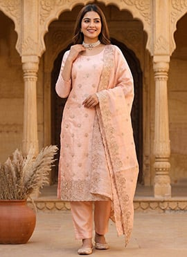 Peach Silk Embroidered Straight Pant Suit