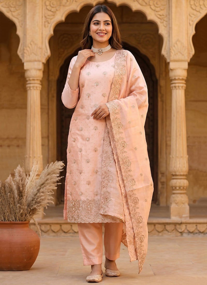 Peach Silk Embroidered Straight Pant Suit Festive Wear
