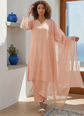 Peach Silk Embroidered With Beads Work Straight Pant Suit