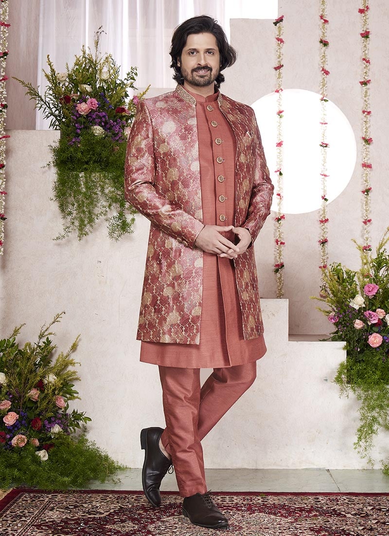 Peach Silk Hand Embroidered Digital Print Indowestern Sherwani
