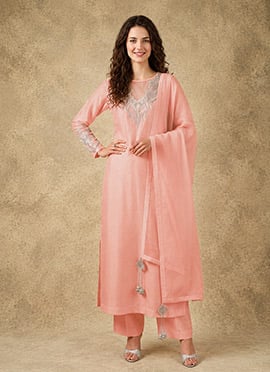 Peach Silk Hand Embroidered Sequins Beads Straight Pant Suit