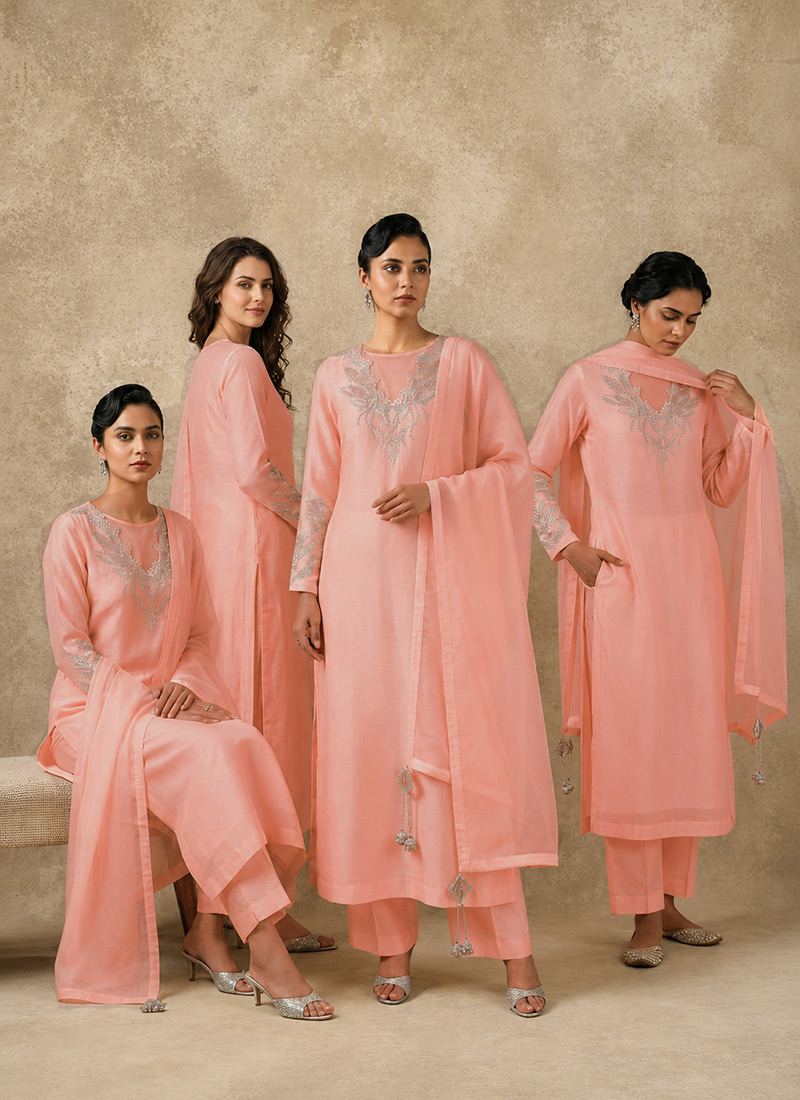 Peach Silk Hand Embroidered Sequins Beads Straight Pant Suit Festive Wear