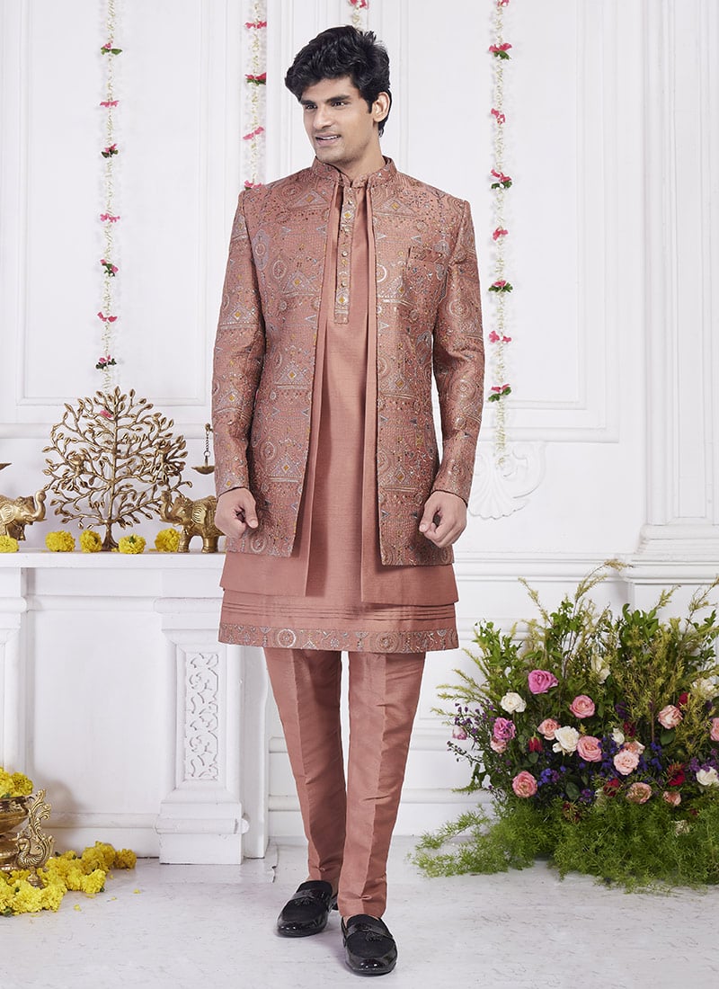 Peach Silk Hand Embroidered Sequins Indowestern Sherwani