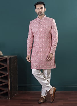 Peach Silk Hand Embroidered Sequins Indowestern Sherwani