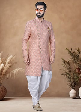 Peach Silk Jacquard Indowestern Sherwani