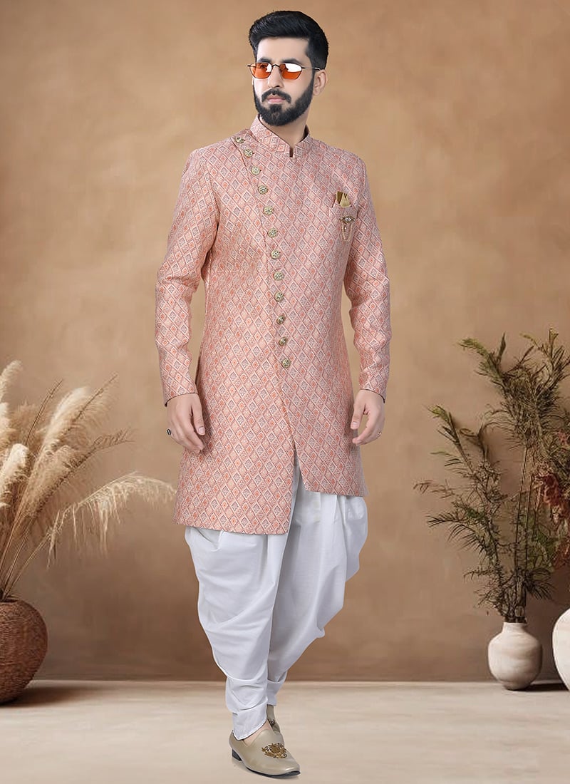 Peach Silk Jacquard Indowestern Sherwani Wedding Wear