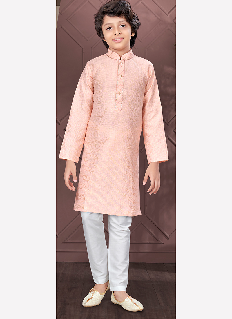 Peach Silk Jacquard Kids Boys Kurta Pyjama Festive Wear