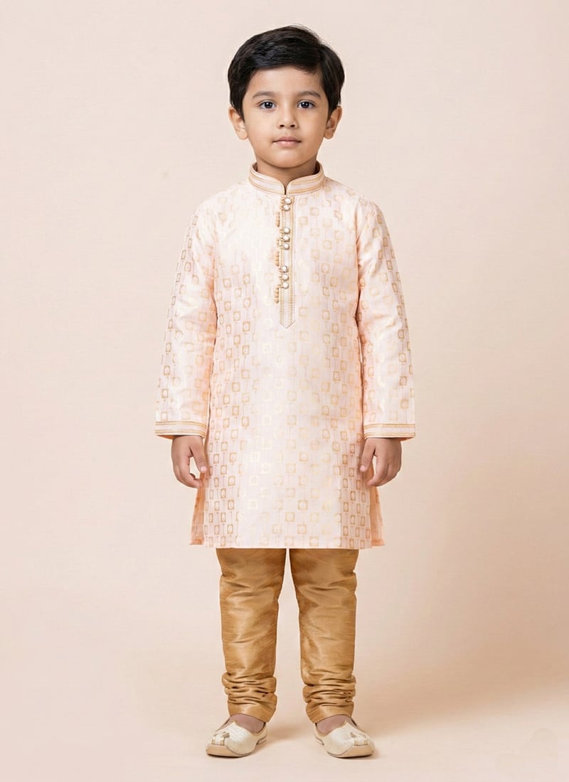 Peach Silk Jacquard Kids Kurta Pyjama Festive Wear