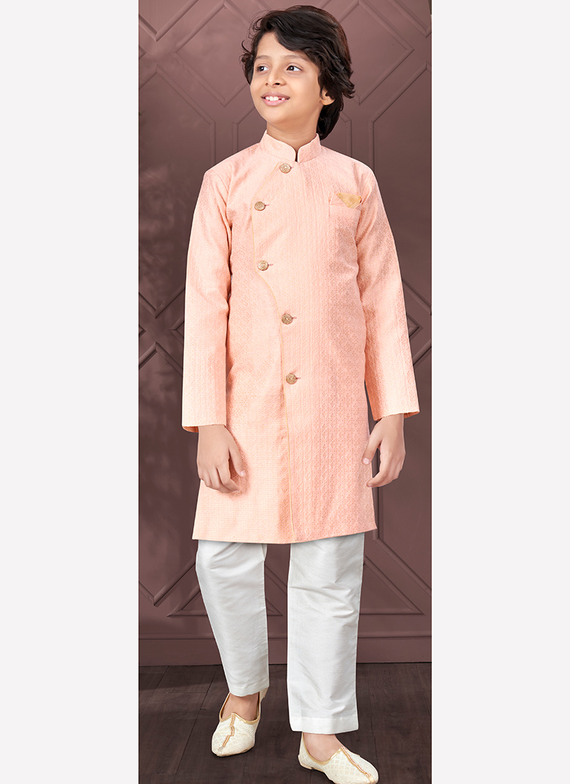 Peach Silk Jacquard Kurta Pyjama For Young Kids Boys Party Wear