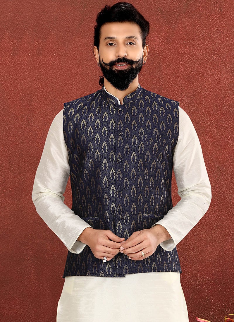 Peach Silk Jacquard Nehru jacket