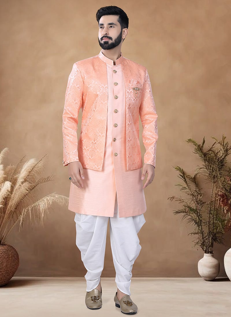 Peach Silk Jacquard Print Indowestern Sherwani Wedding Wear