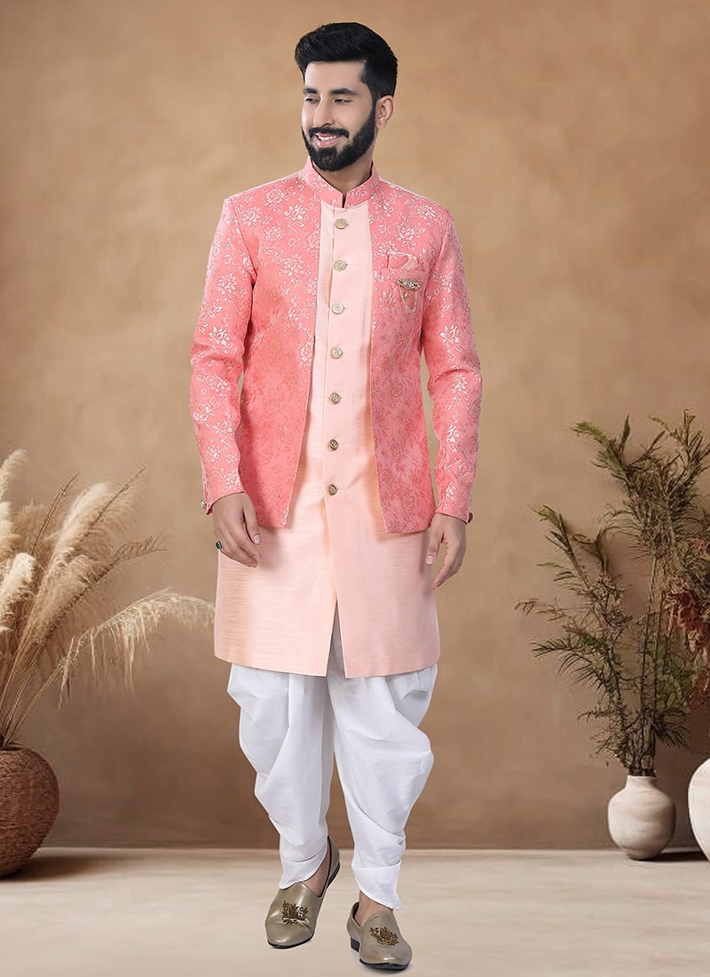 Peach Silk Jacquard Print Indowestern Sherwani Wedding Wear