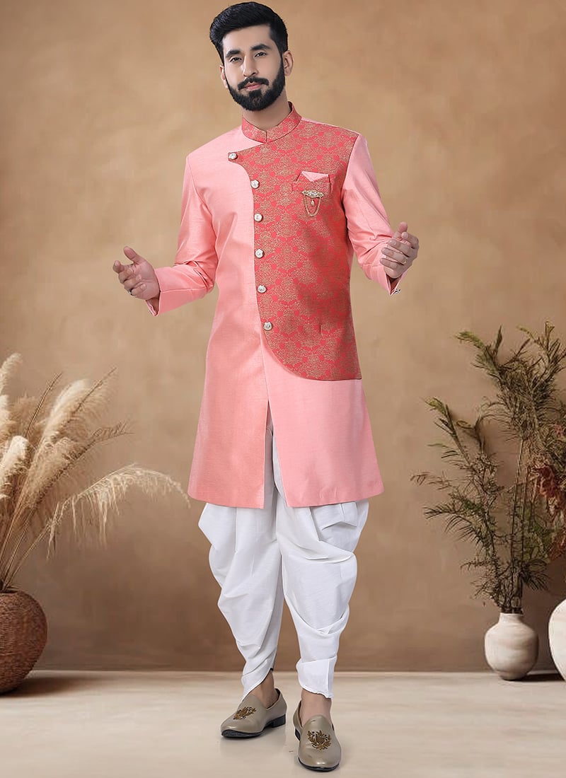 Peach Silk Jacquard Print Indowestern Sherwani Wedding Wear